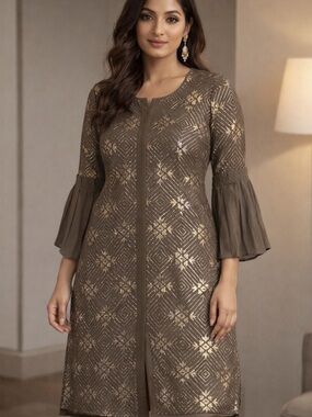 Helina- Indian Ethnic Embroidered brown Gold Long Tunic w/ Pleated Bell Sleeveso